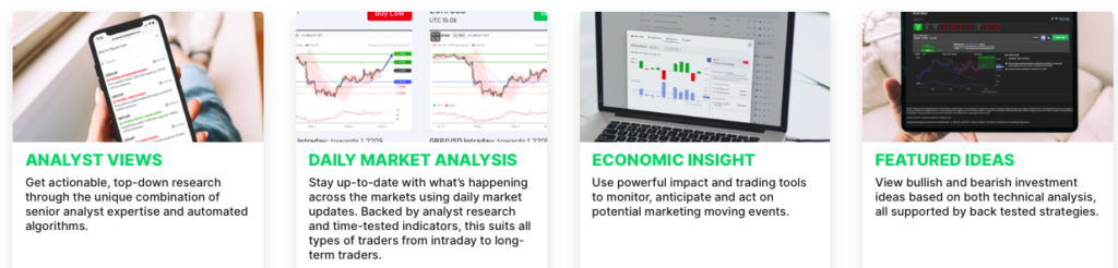 Various tools including Analyst views, daily market analysis, economic insight and Featured ideas.